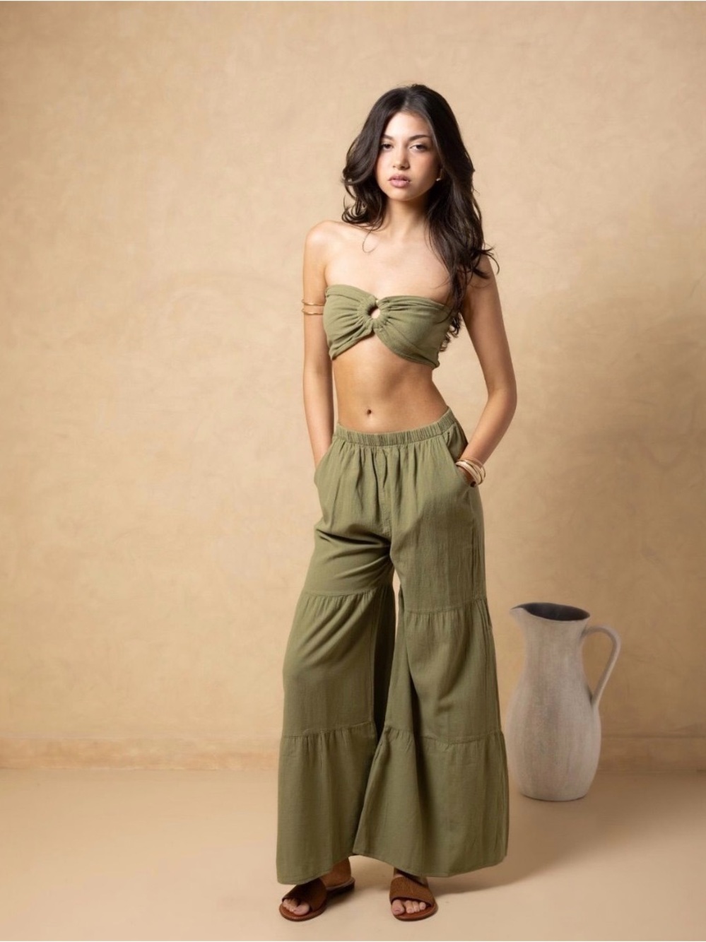 Seaspice resort wear wide leg pull on 100% Peruvian cotton green pant size L